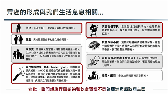 胃癌致病原因。(资料来源/高雄医学大学附设医院内科学讲座教授暨国家卫生研究院癌症研究所特聘研究员陈立宗教授提供)    