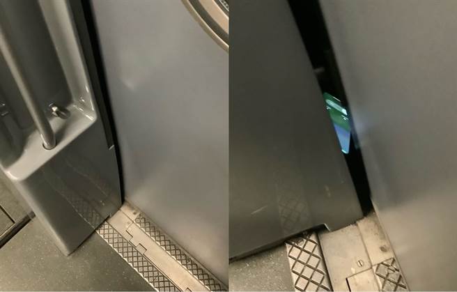 一名女网友在搭高铁时，手机不小心掉进车门缝中，图左可见车缝狭小，图右可看见手机卡在缝隙中，难以徒手取得。（翻摄自Dcard）