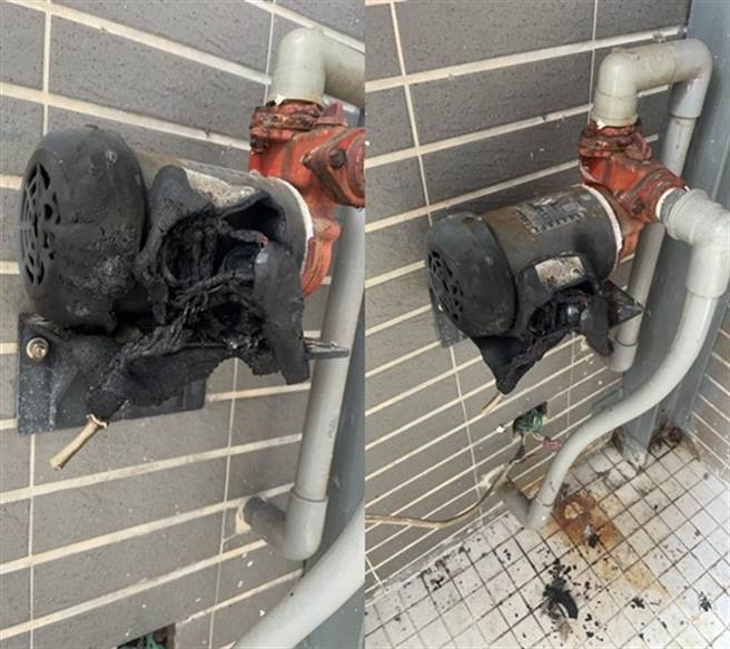 1名网友家中1楼阳台的抽水马达突然起火，被「打火」狗狗哈噜发现，紧急叫家人扑灭后场景。(图／取自Dcard)