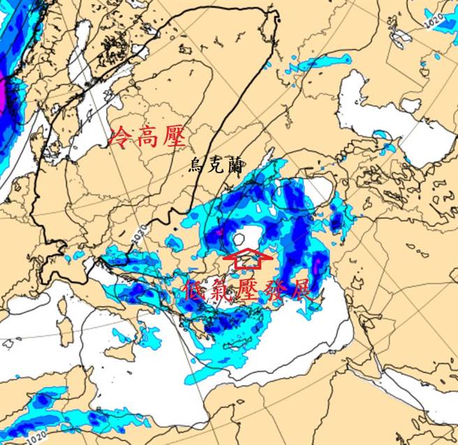 郑明典今于个人脸书贴出一张气象预测图指出，在3月1日起，乌克兰东半部地区，将会是被雨笼罩的天气型态。（图／翻摄自郑明典脸书）