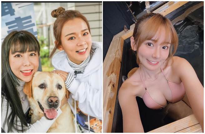 林莎、梓梓与新北警犬队的人气王「福星」开心合照。（17LIVE提供、摘自林莎脸书）