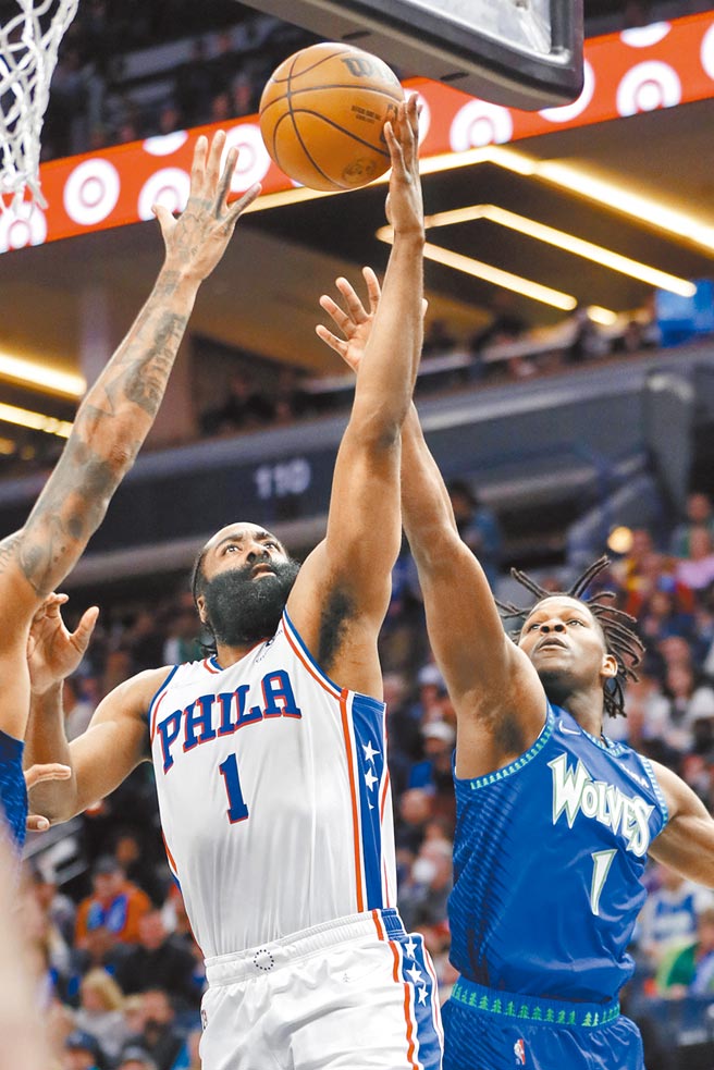 哈登的七六人處女秀對灰狼拿下27分。（路透）