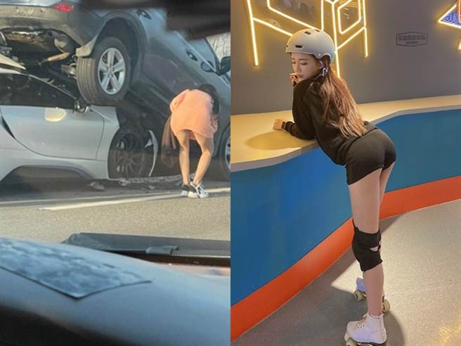 BMW i8衝進前方休旅車底盤下，女車主當時在旁查看車況，連身洋裝露出火辣身材，網友也神出身分，她是名有31萬粉絲的網紅小模「Kimi柔」。（翻攝自臉書記者爆料網、Kimi柔臉書粉專）