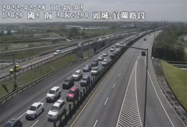 今是228連續假期最後一天，國五北返車潮陸續漸增，其中雪隧南口一度回堵4公里，各匝道則是回堵0.5至1.5公里，壅塞情形恐持續至深夜才會逐一緩解。（摘自高公局1968網站即時影像）
