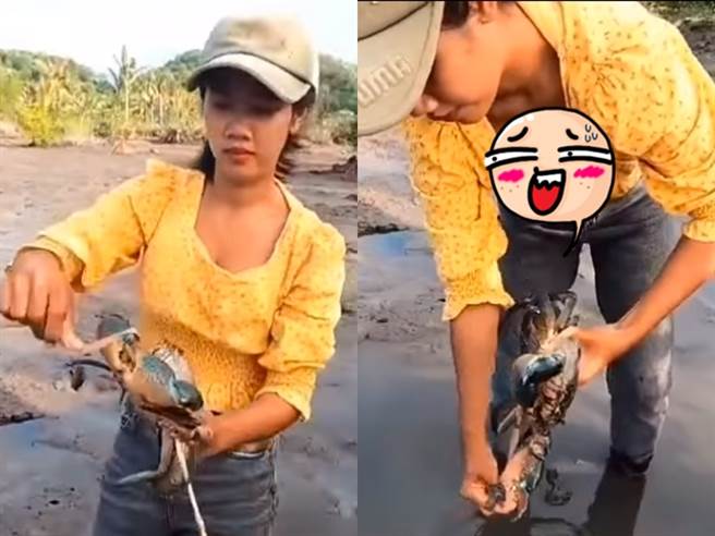 網路上流傳一段抖音影片，1名女子在河邊徒手抓螃蟹，展現俐落技術捕蟹、綁蟹，但胸前碎花洋裝的領口卻不斷打開，露出衣內豐滿傲人上圍。（翻攝自臉書「爆廢公社公開版」）