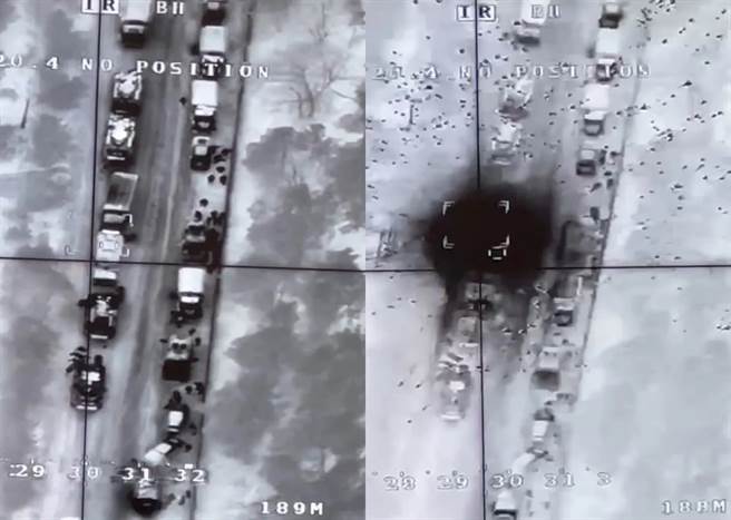 TB2无人机攻击俄军车队的实况。(图/Defense Blog)