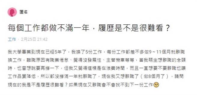 原PO毕业五年就换了5份工作。(图/截取自Dcard)