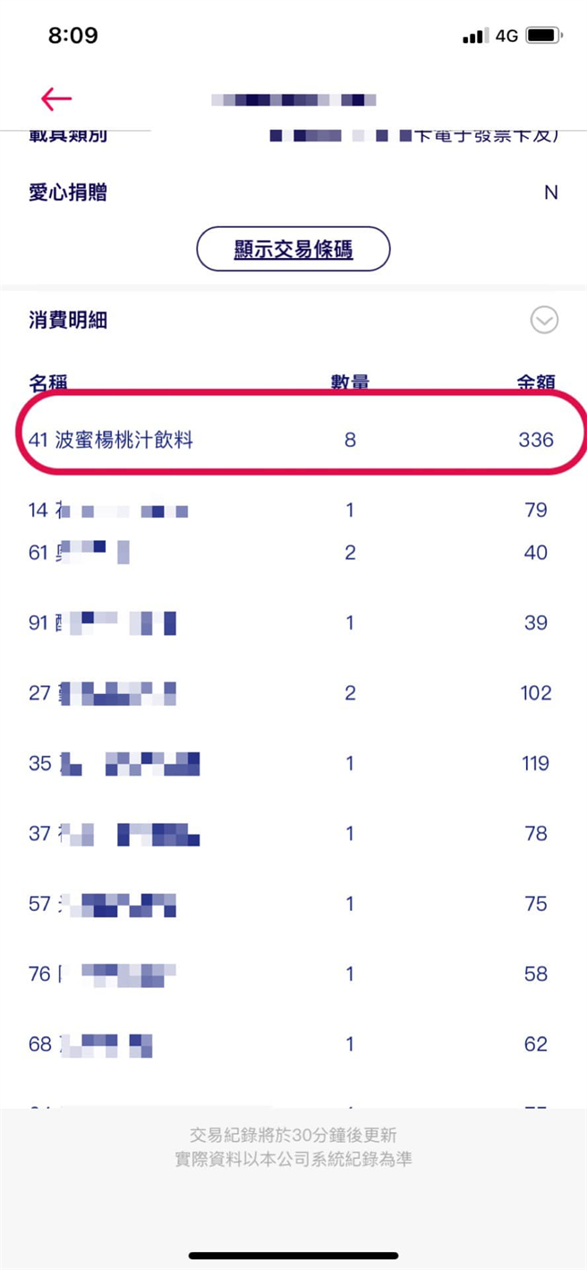 网友PO出消费明细显示，其中一项饮料的数量被刷成8样。(图/截自我爱全联好物老实说脸书)