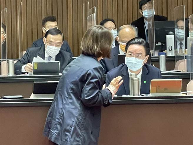 民进党立委周春米与外交部长吴钊燮讨论。（周春米办公室提供）