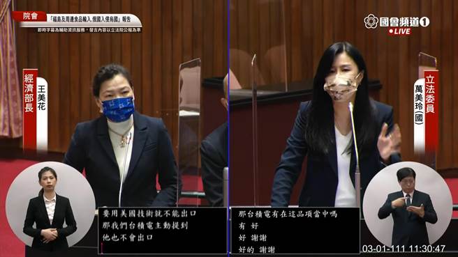 國民黨立委萬美玲質詢經濟部長王美花。（摘自國會直播）