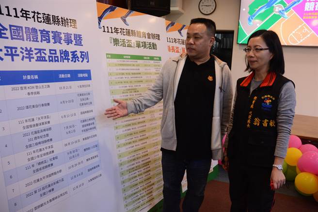 花莲县体育会理事长汪锦德（左）说明，今年争取举办国内外体育赛事，目前已规划19项全国性赛，连同县内选拔赛、乐活杯赛事，预计将有逾80场比赛陆续登场。右为花莲县政府教育处副处长翁书敏。（王志伟摄）