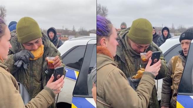 乌克兰人给予俄罗斯投降士兵美食、饮料，协助其与家人连络，让该投降士兵泪崩。（图／翻摄自Reddit）