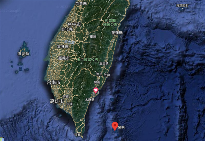 大陸3艘軍艦2日晚間出現台東蘭嶼外海。（摘自GOOGLE地圖）