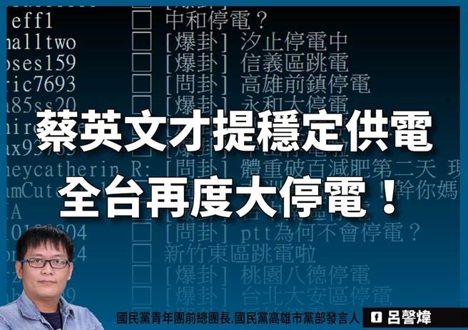 全台再度大停電，國民黨青年團前總團長、高雄市黨部發言人呂謦煒指出，蔡英文總統「確保穩定供電」、民進黨政府「台灣不缺電」的說詞，再度被自己狠狠打臉。現在蔡英文也許正在接見美國前國務卿蓬佩奧，結果居然讓美國訪賓發現台灣連供電穩定都做不到，實在是「見笑」！（呂謦煒提供）