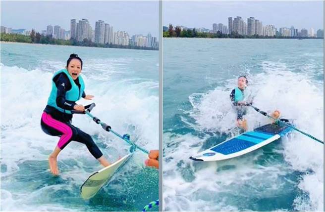 章子怡试图稳住重心，但却不停失败，最后狼狈跌到海里。（图／取材自章子怡抖音）