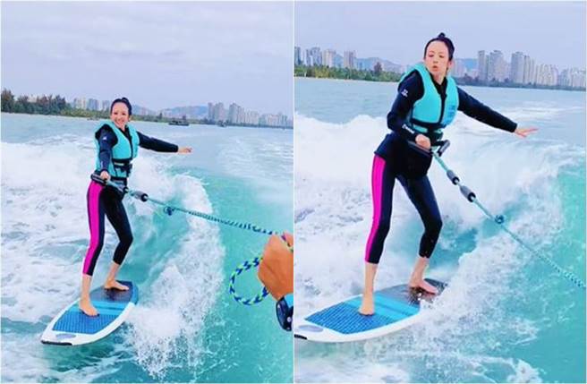 章子怡衝浪成功。（图／取材自章子怡抖音）
