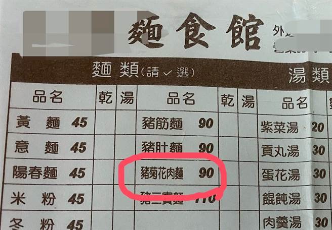 网友见到餐单「猪菊花肉麵」吓坏，其他网友纷纷解答，原来菊花肉是指「猪脸颊肉」，又称嘴边肉，因为花纹像菊花而得名。（翻摄自脸书「爆废公社」）