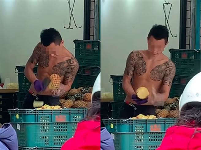 人妻在市場發現1名身材精實的刺青帥哥正俐落地削鳳梨，買了鳳梨回家後說「果然猛男切的比較好吃」，她的丈夫當下緩緩飄出1句「什麼意思」。（翻攝自臉書「爆廢公社」）