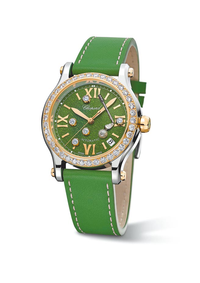 萧邦为庆祝购入「Chopard Insofu」祖母绿，近日主打一系列绿色系腕表，Happy Sport精钢镶钻表36万元。（CHOPARD提供）