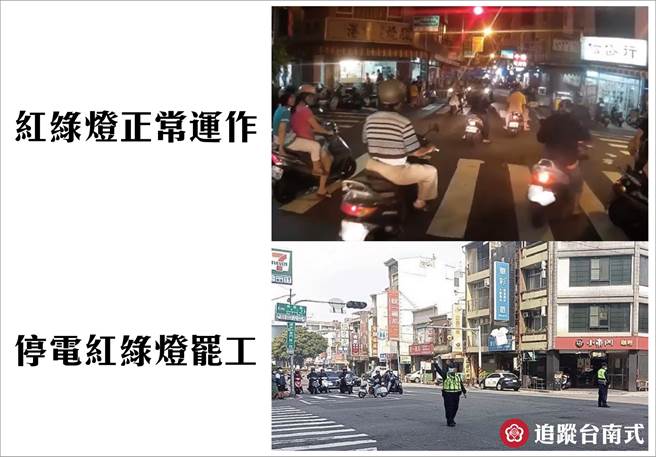 脸书粉专贴出台南停电前后路口对比照，发现红绿灯罢工后，反而大家都很守规矩。(图／台南式脸书)