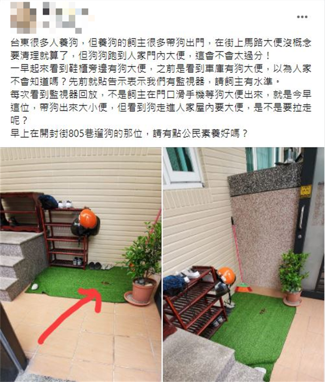 她见鞋柜整坨屎，回看监视器气炸，怎么有饲主会放任小狗进别人家内大小便；网回「台湾最美的风景，不意外」。（翻摄自台东大小事）