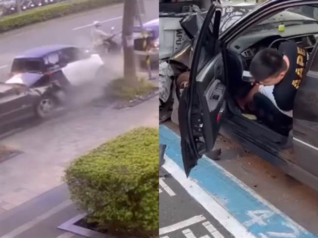 黑车暴衝驶向路边2辆轿车，造成3车追撞，事后肇事的黑车驾驶是名年轻人，撞击后他一度朝车外吐出「鲜红色」液体。（翻摄自脸书「重机车友❘各区路况、天气回报中心」）