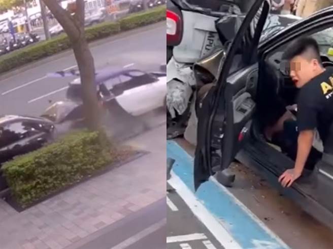 黑车暴衝驶向路边2辆轿车，造成3车追撞，事后肇事的黑车驾驶是名年轻人，撞击后他一度朝车外吐出「鲜红色」液体。（翻摄自脸书「重机车友❘各区路况、天气回报中心」）