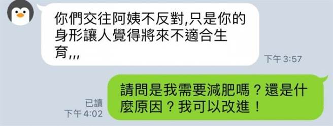 男友母親私下對她說「你是太平公主，我們家族要優秀基因，豐滿是女人的基礎，你無法生殖芙蓉出水的女兒，看不到未來」。（翻攝自Dcard）