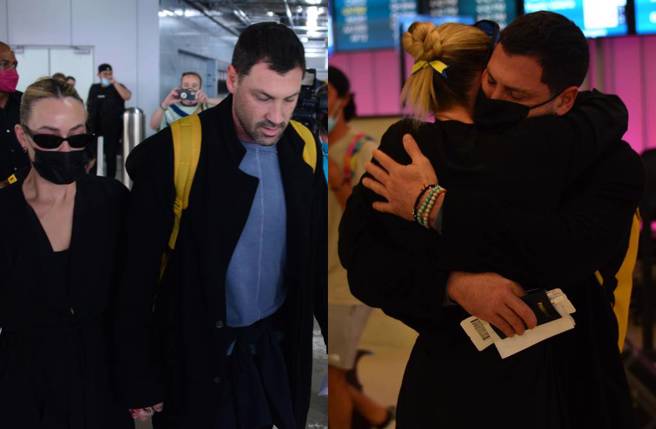 迈可森契莫科夫斯基和前来接机的妻子相拥。(图／达志影像)