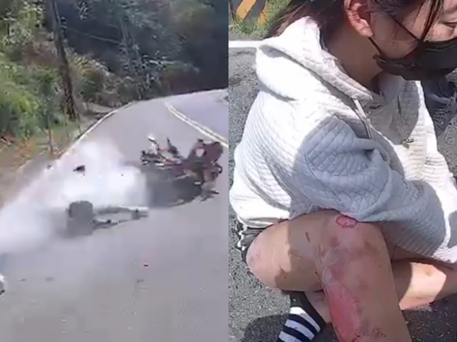 1名重機女騎士3日騎經台3線357公里處的彎道，因過彎時壓車造成自摔，人車當場在路面拖行一段距離後猛力撞上護欄，女騎士遭撞飛倒地。（翻攝自記者爆料網）