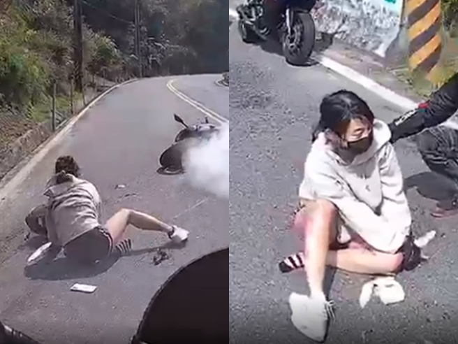 1名重機女騎士3日騎經台3線357公里處的彎道，因過彎時壓車造成自摔，人車當場在路面拖行一段距離後猛力撞上護欄，女騎士遭撞飛倒地。（翻攝自記者爆料網）