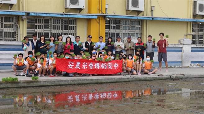 大安国中藉由插秧体验扎根食农教育，让学生体验所谓「一分耕耘、一分收穫」，学习对产销溯源概念建立，充分发挥四健会精神。(大安国中提供)