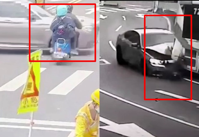 酒駕男闖紅燈撞飛騎士又自撞公車後，棄車徒步逃逸。（民眾提供）