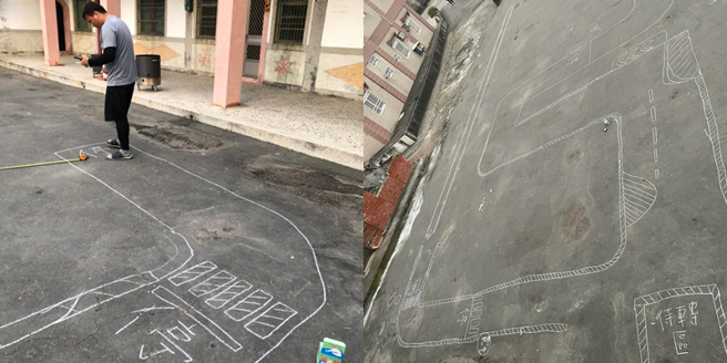 云林一名男子为了让妹妹可以顺利考照，在自家的三合院前，用粉笔一比一画出监理站机车考场，完美神还原让不少网友直接跪了。（图／翻摄自爆废公社二馆）