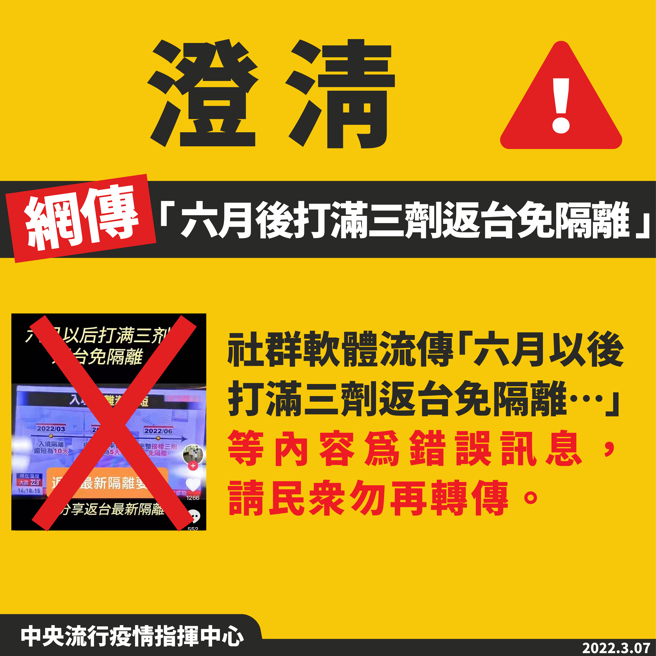 網傳6月後打滿3劑返台免隔離，指揮中心今澄清是錯誤訊息。(指揮中心提供)