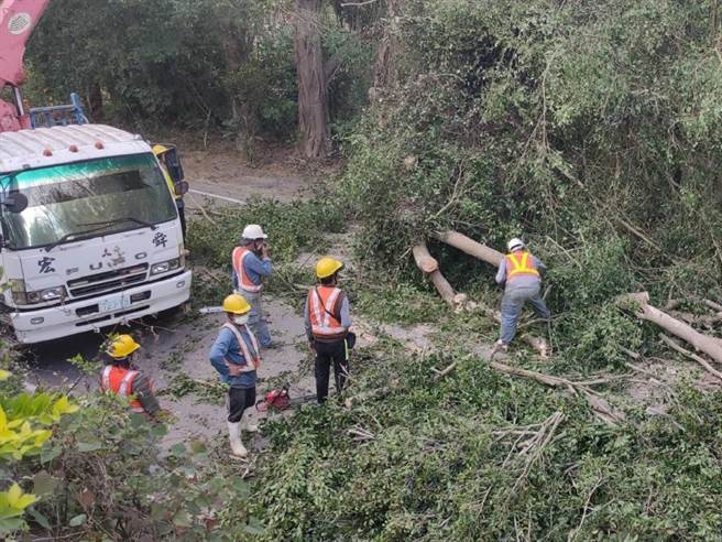 湖内警方通报区公所人员到场处理路树倒塌。（翻摄照片／林瑞益高雄传真）