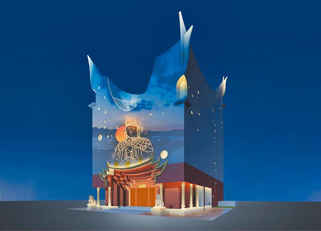 全新的汐止济德宫屋顶以「船板」、「圣筊」意象设计。（许仲辰提供）