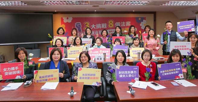 民進黨立委范雲今偕12女綠委召開國際三八婦女節「三大挑戰、八個法案，支持女性實現自我」記者會。（立委范雲辦公室提供）