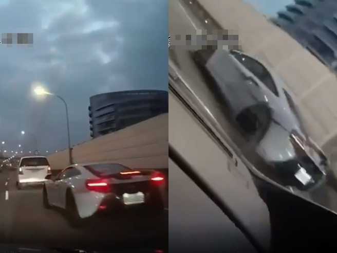 奧斯頓馬丁在2線道準備從麥拉倫旁超車時不慎發生擦撞，鏡頭瞬間大幅晃動，車身疑似整個翻倒。（翻攝自記者爆料網）