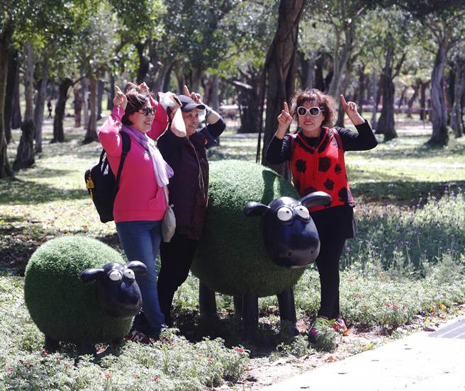 花丛内的笑笑羊成为赏花民眾拍照的热点。（陈怡诚摄)