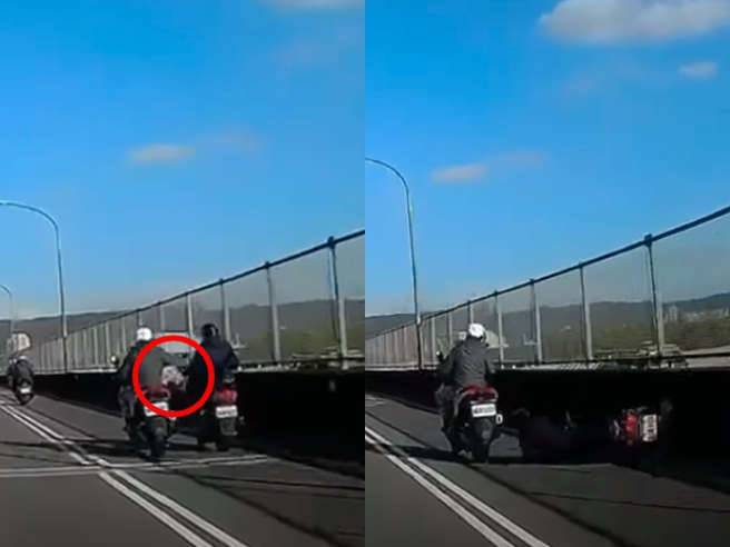 新北市樹林1處陸橋近日發生1名騎士疑似行車糾紛，竟在半路騎到另名騎士旁，當場伸出右腳踹倒對方行駛中的機車，對方隨即倒地，而肇事騎士竟加速肇逃。（翻攝自臉書「八卦村-行車紀錄器影片上傳中心」）