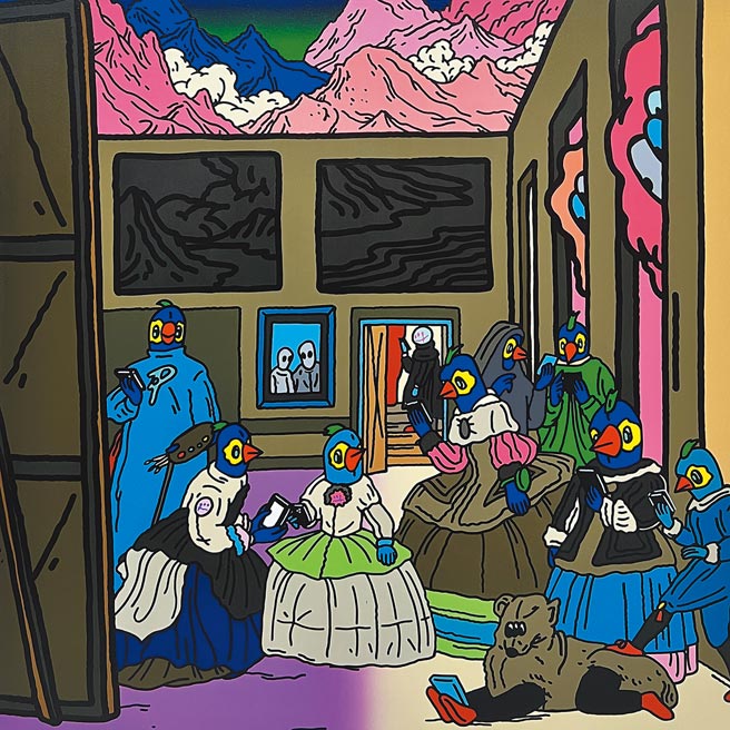 鹦鹉人侍女The Parrotman Maids of Honour, 100x100cm, acrylic on canvas, 2022。（艺术家张腾远作品，谢佩霓提供）