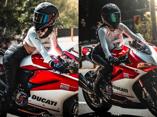 女骑士名叫「艾妃」，在Instagram有20万粉丝，她常晒一系列骑车火辣照，秀I罩杯好身材，最新照片中她还解放巨大「南半球」。（翻摄自Instagram帐号「aifei.9961」）