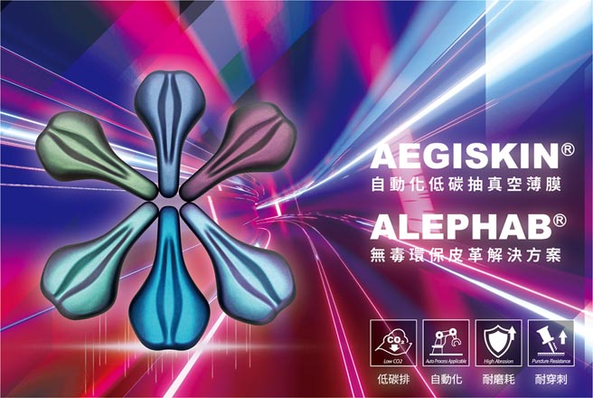 三芳化学推出自动化低碳抽真空薄膜AEGISKIN与无毒环保自行车坐垫皮革ALEPHAB，并与国际自行车坐垫大厂祥力金属共同推广，成功导入欧美知名自行车品牌。图／三芳化学提供