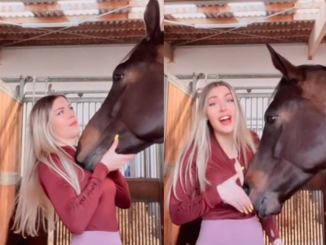 愛馬突然把奧古斯丁的拉鍊拉下，嚇得她立刻用手遮掩。（圖／取自TikTok@annchenaugustine）