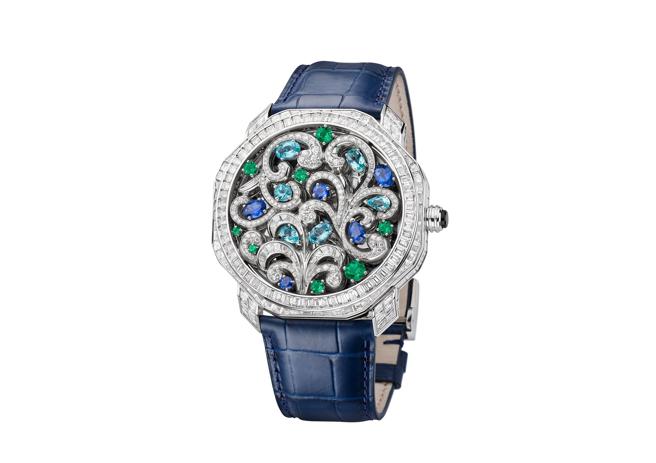 宝格丽Octo Roma Barocko超薄陀飞轮腕表，搭载宝格丽BVL 268 Finissimo机芯和飞行陀飞轮，以彩宝镶嵌巴洛克风格表盘。（BVLGARI提供）