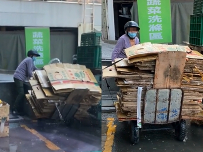 1名網友日前目睹1名拾荒婦人在路邊為整疊紙箱「澆水」，他上前詢問婦人是否是「用水增重」以變賣更多錢，婦人點頭承認。（翻攝自TikTok帳號「chenqpqp」）