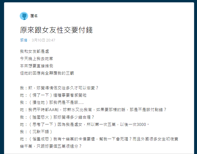 男网友分享，女友认为发生性关系时，男方需要付钱。（翻摄自Dcard）