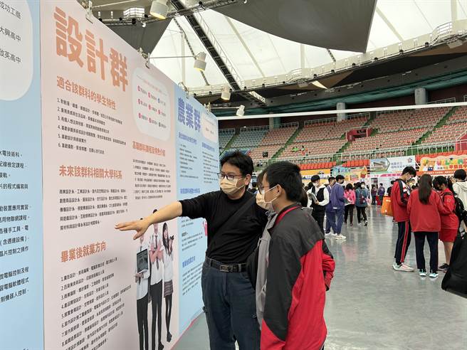 桃园市高中高职博览会12日起一连2天在桃园巨蛋登场，现场有动态招生，也有静态展览解说。（蔡依珍摄）