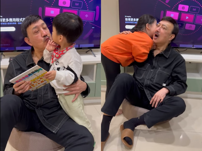 余天和孫子、孫女索吻，畫面溫馨。（圖／FB@余苑綺）